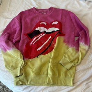 Pink and yellow distressed/vintage looking crew neck with Rolling Stones tongue